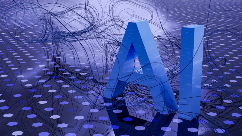 Letras tridimensionais AI sobre chão hexagonal iluminado em tons de azul e roxo