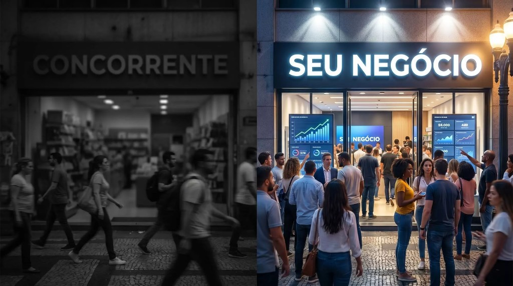 Comparação: loja apagada com placa Concorrente à esquerda e loja iluminada com placa Seu Negócio e clientes à direita