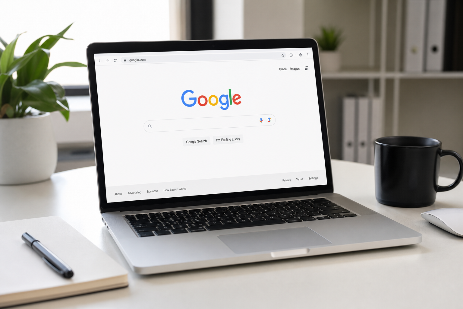 Notebook aberto com a página de resultados do Google na tela